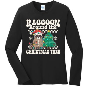 Raccoon Around The Christmas Tree Raccoon Lover Funny Ladies Long Sleeve Shirt