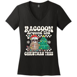 Raccoon Around The Christmas Tree Raccoon Lover Funny Women's V-Neck T-Shirt