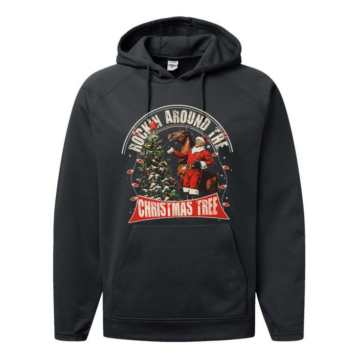 Rockin Around The Christmas Funny Cowboy Trump Western Xmas Performance Fleece Hoodie