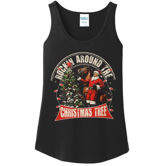 Rockin Around The Christmas Funny Cowboy Trump Western Xmas Ladies Essential Tank