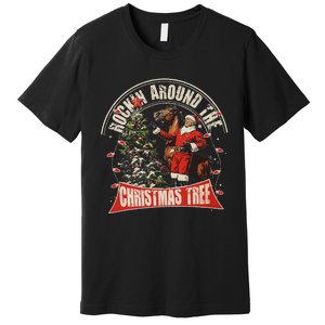 Rockin Around The Christmas Funny Cowboy Trump Western Xmas Premium T-Shirt