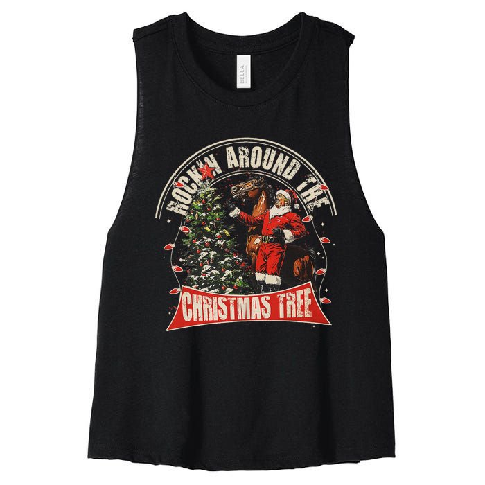 Rockin Around The Christmas Funny Cowboy Trump Western Xmas Women's Racerback Cropped Tank