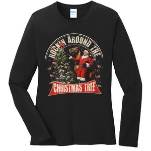 Rockin Around The Christmas Funny Cowboy Trump Western Xmas Ladies Long Sleeve Shirt