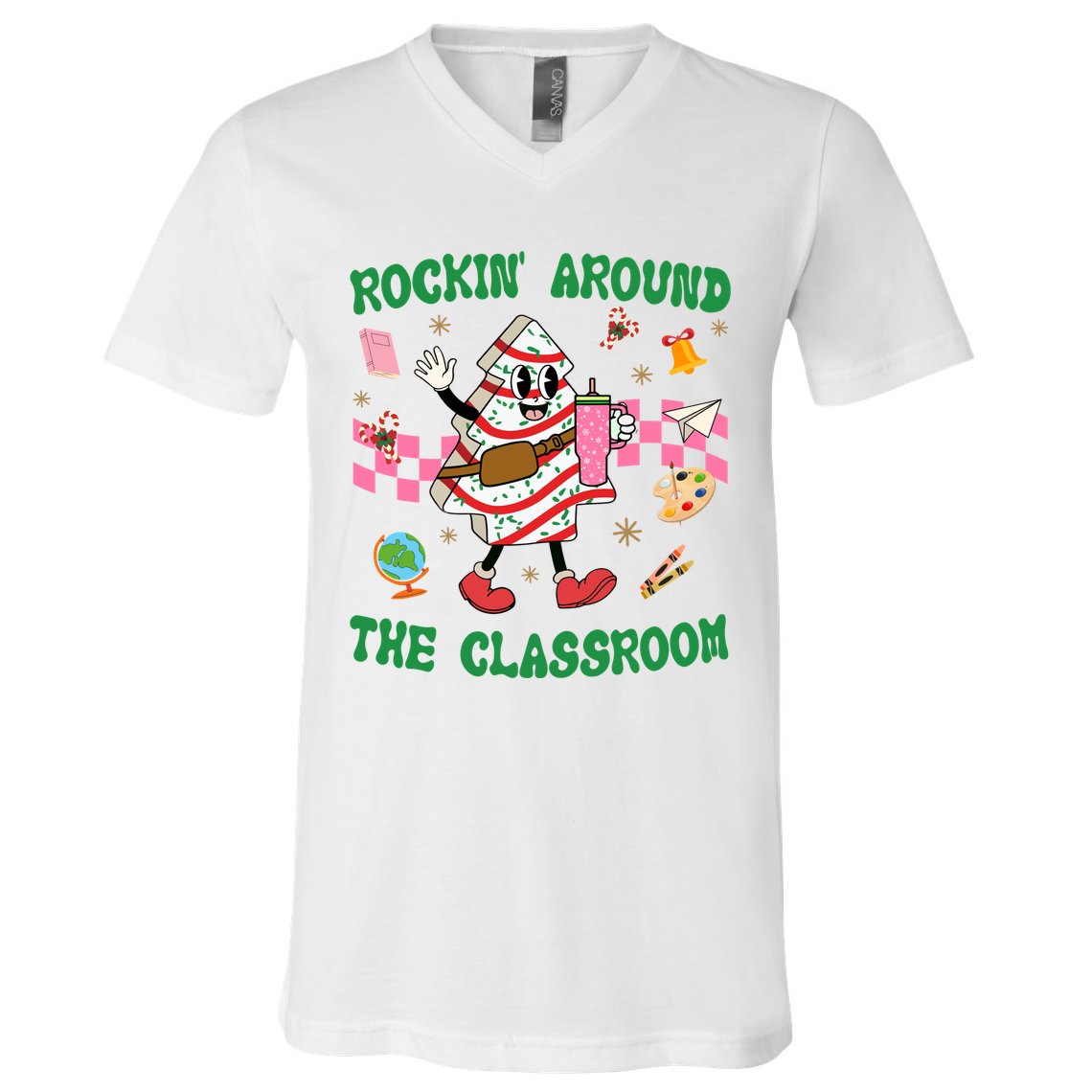 Rockin Around The Classroom Funny Teacher Christmas V-Neck T-Shirt