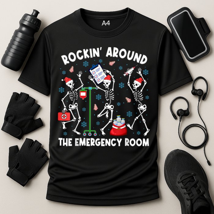 Rockin Around The Emergency Room Skeleton Er Nurse Xmas Cooling Performance Crew T-Shirt