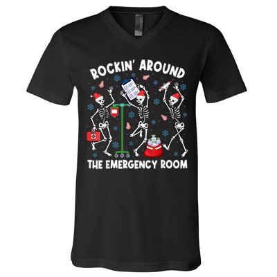 Rockin Around The Emergency Room Skeleton Er Nurse Xmas V-Neck T-Shirt