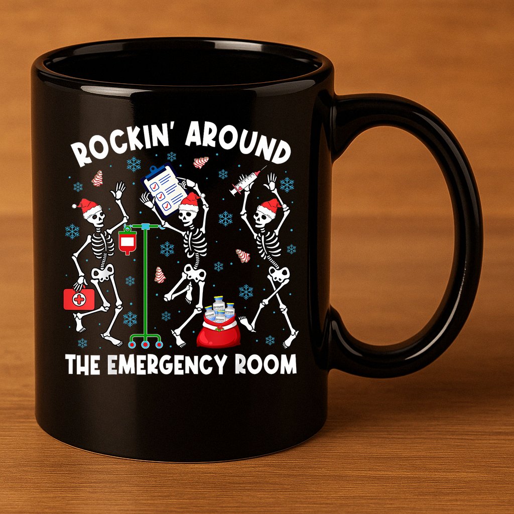Rockin Around The Emergency Room Skeleton Er Nurse Xmas 11oz C Handle Ceramic Mug