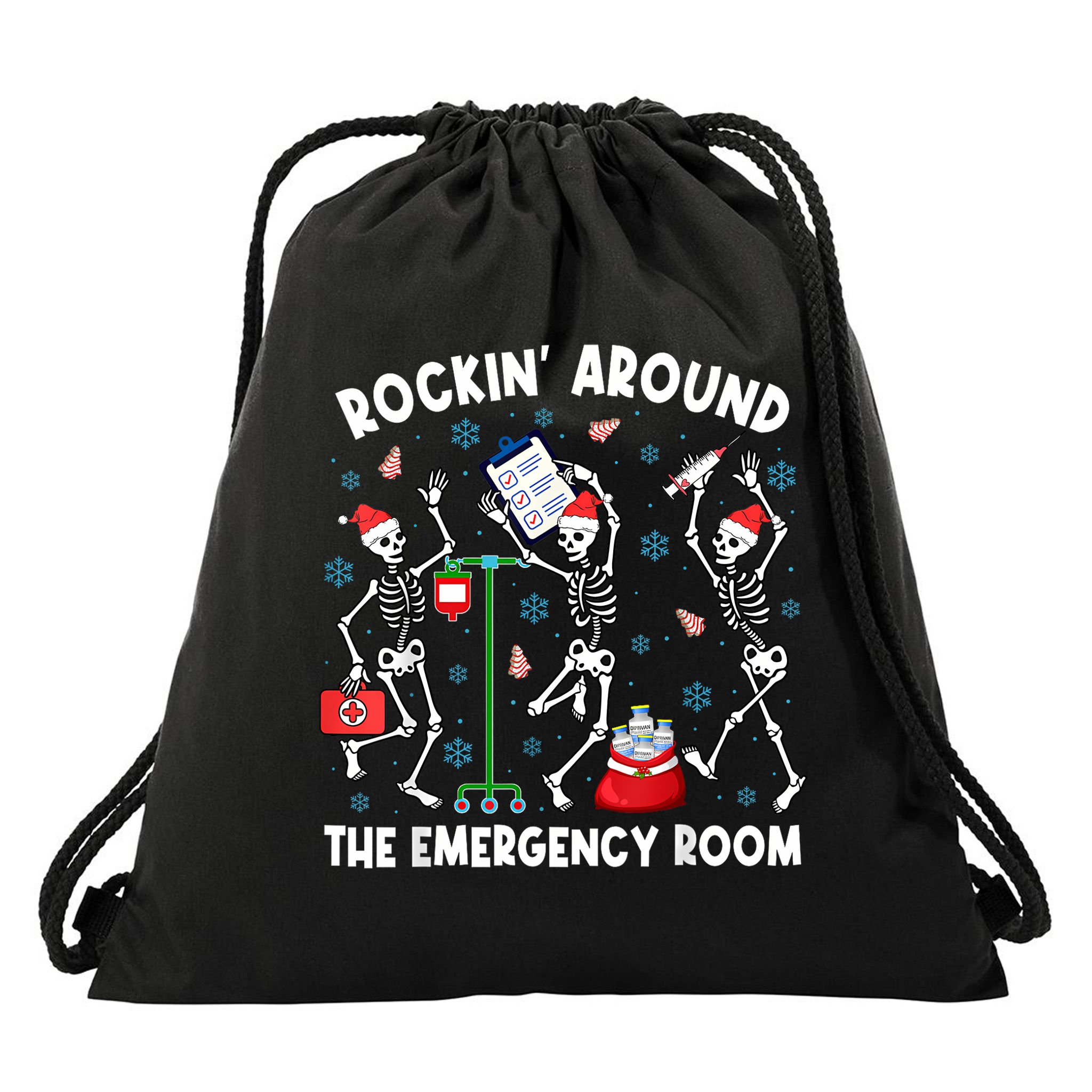 Rockin Around The Emergency Room Skeleton Er Nurse Xmas Drawstring Bag