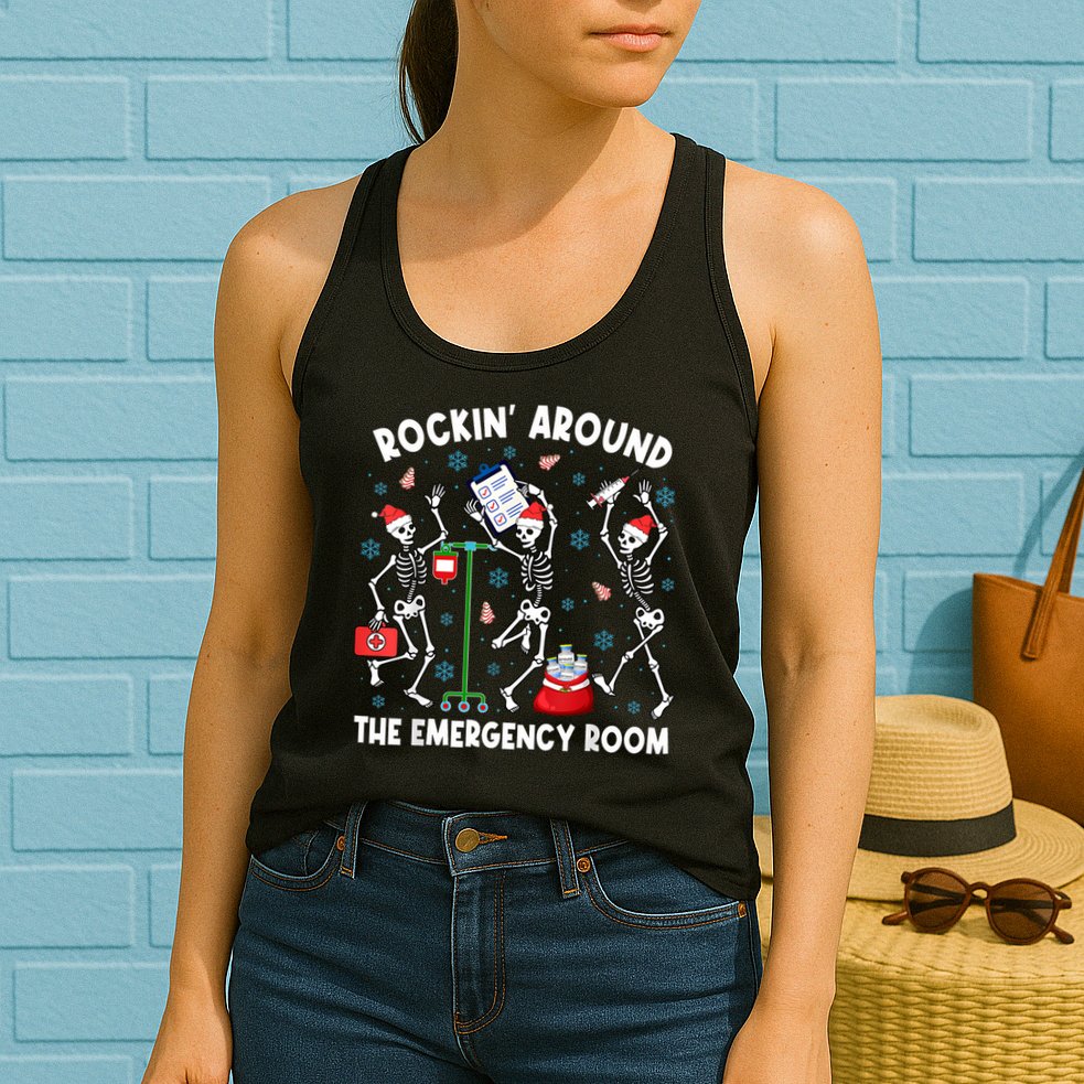 Rockin Around The Emergency Room Skeleton Er Nurse Xmas Womens Tank Top