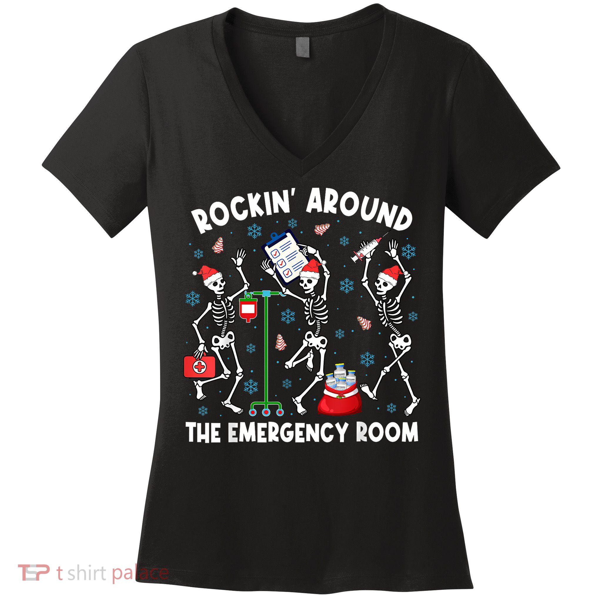 Rockin Around The Emergency Room Skeleton Er Nurse Xmas Women's V-Neck T-Shirt