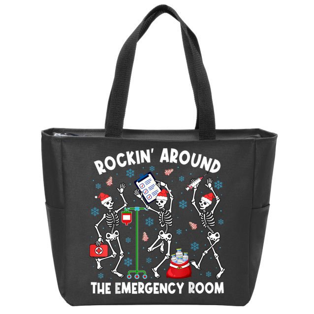 Rockin Around The Emergency Room Skeleton Er Nurse Xmas Zip Tote Bag