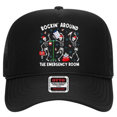 Rockin Around The Emergency Room Skeleton Er Nurse Xmas High Crown Mesh Back Trucker Hat