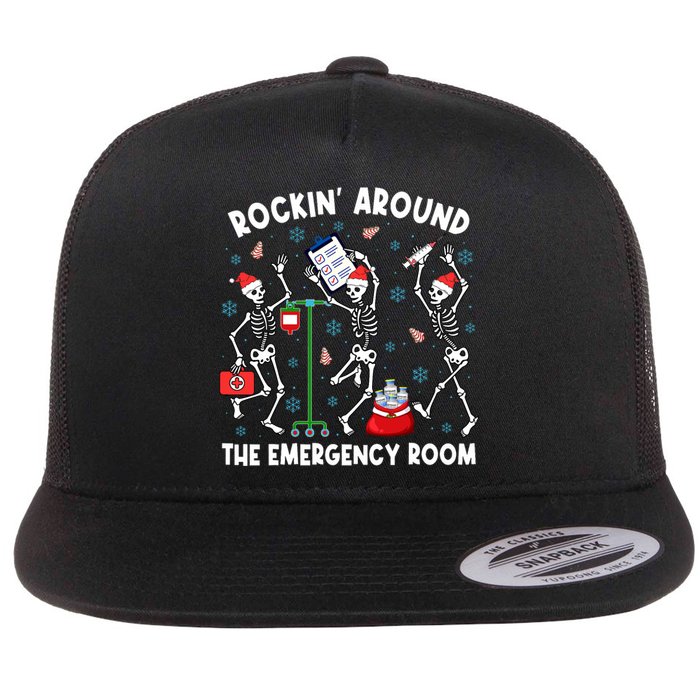 Rockin Around The Emergency Room Skeleton Er Nurse Xmas Flat Bill Trucker Hat