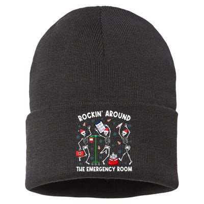 Rockin Around The Emergency Room Skeleton Er Nurse Xmas Sustainable Knit Beanie