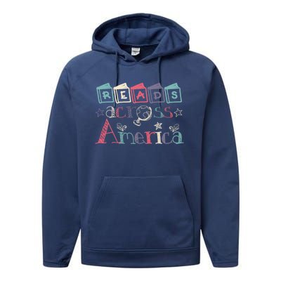 Reads Across Tee America Reading Teacher Books Reader Gift Performance Fleece Hoodie