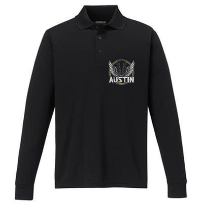 Retro Austin Texas Guitar Vintage Country Music Concert Performance Long Sleeve Polo