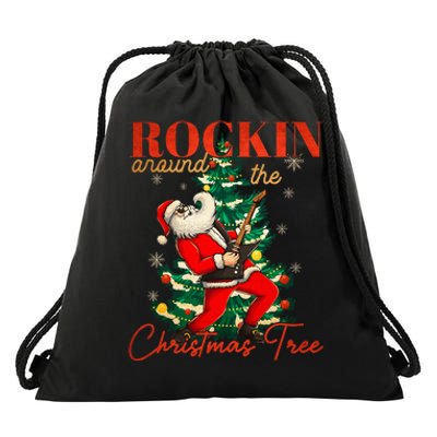 Rocking Around The Christmas Tree Santa Rock And Roll Guitar Drawstring Bag