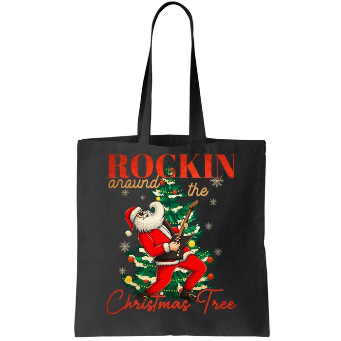 Rocking Around The Christmas Tree Santa Rock And Roll Guitar Tote Bag