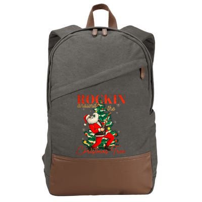 Rocking Around The Christmas Tree Santa Rock And Roll Guitar Cotton Canvas Backpack