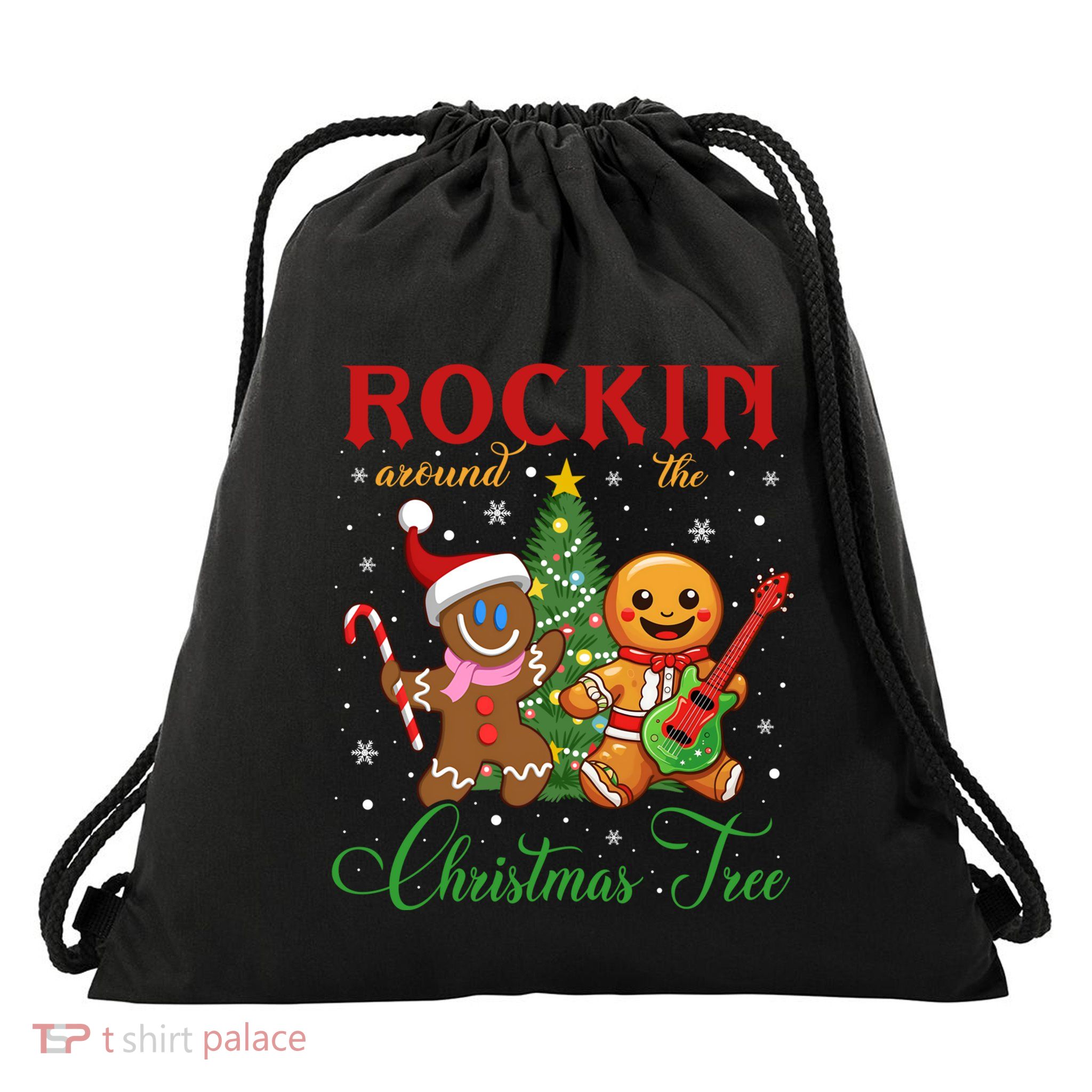 Rocking Around The Christmas Tree Gingerbread Rock And Roll Cute Gift Drawstring Bag