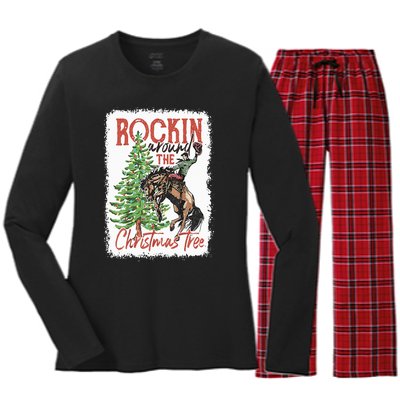 Rocking Around The Christmas Tree Christmas Cowboy Horse Women's Long Sleeve Flannel Pajama Set 