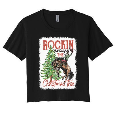 Rocking Around The Christmas Tree Christmas Cowboy Horse Women's Crop Top Tee