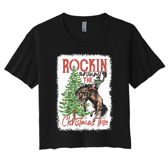 Rocking Around The Christmas Tree Christmas Cowboy Horse Women's Crop Top Tee