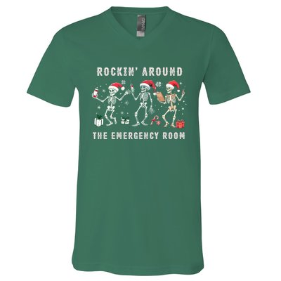 Rocking Around The Emergency Room Nurse Skeleton Christmas V-Neck T-Shirt