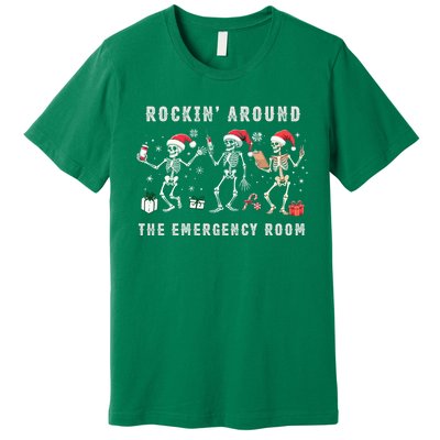 Rocking Around The Emergency Room Nurse Skeleton Christmas Premium T-Shirt