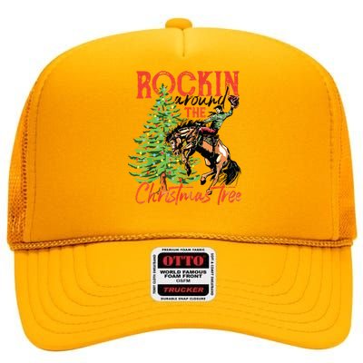 Rocking Around The Christmas Tree Christmas Cowboy Horse High Crown Mesh Back Trucker Hat