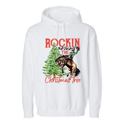 Rocking Around The Christmas Tree Christmas Cowboy Horse Garment-Dyed Fleece Hoodie