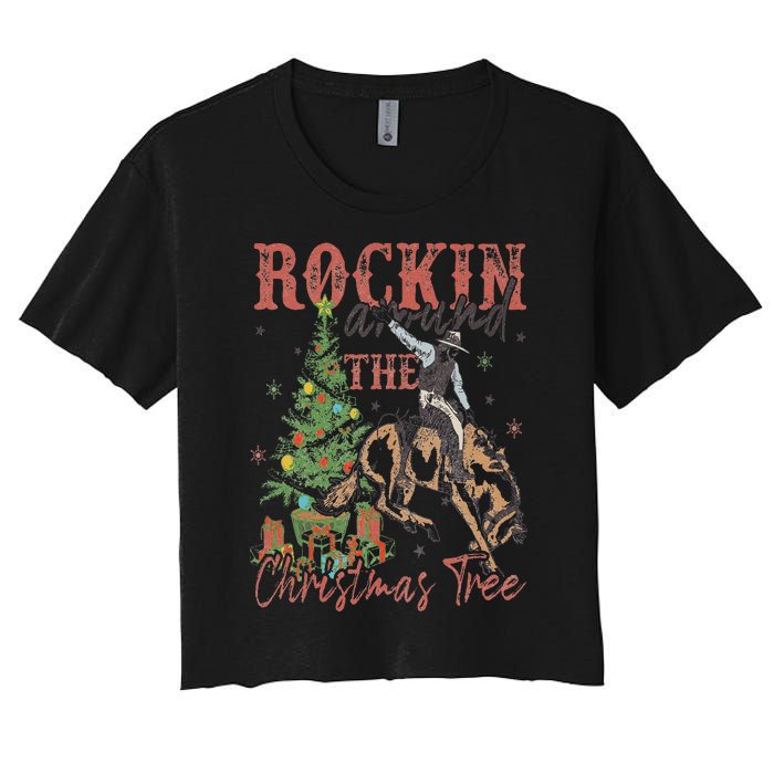 Rockin' Around The Christmas Tree Cowboy Santa Ride Horse Women's Crop Top Tee