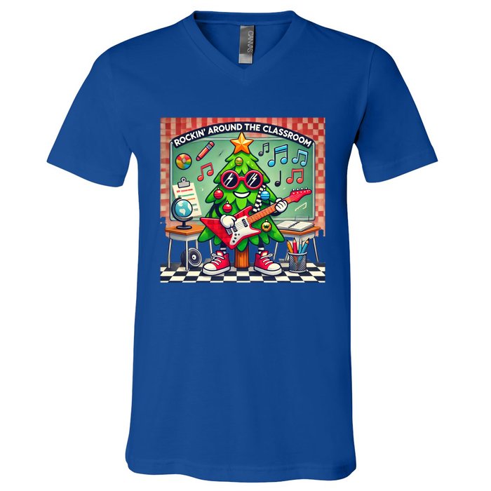 Rockin Around The Classroom Fun Christmas Tree For Teachers Gift V-Neck T-Shirt