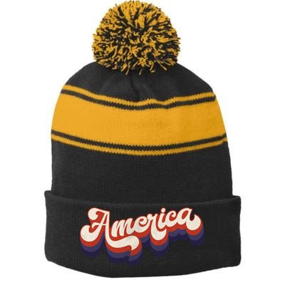 Retro America USA Vintage 4th Of July Stripe Pom Pom Beanie