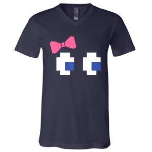 Retro Arcade Video Game Girl Ghost Halloween Ribbon V-Neck T-Shirt