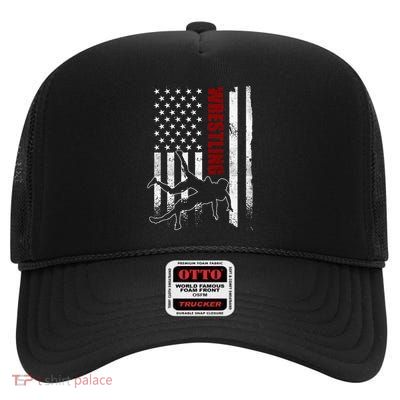 Retro American Wrestling Apparel Us Flag Wrestling High Crown Mesh Back Trucker Hat