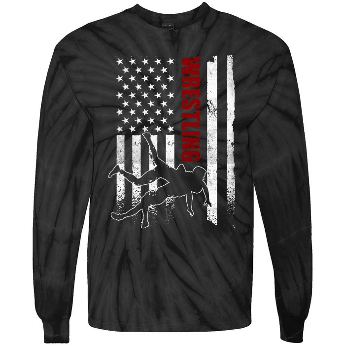 Retro American Wrestling Apparel Us Flag Wrestling Tie-Dye Long Sleeve Shirt