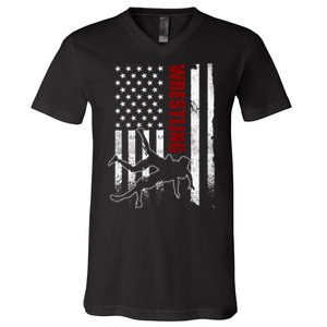 Retro American Wrestling Apparel Us Flag Wrestling V-Neck T-Shirt