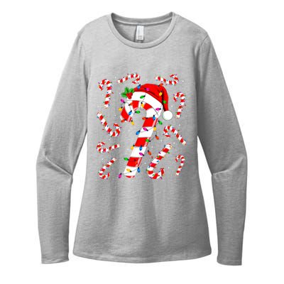 Red And White Candy Cane Santa Christmas Funny Xmas Lights Womens CVC Long Sleeve Shirt