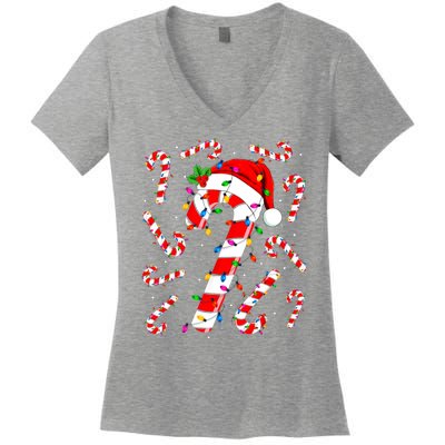 Red And White Candy Cane Santa Christmas Funny Xmas Lights Women's V-Neck T-Shirt