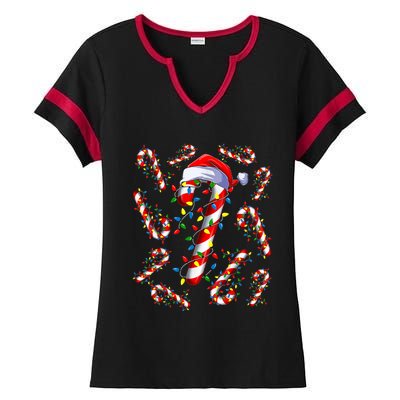 Red And White Candy Cane Santa Christmas Funny Xmas Lights Ladies Halftime Notch Neck Tee