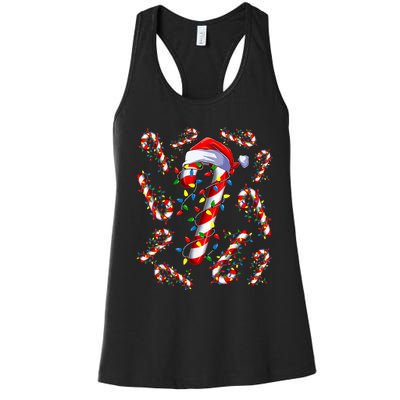 Red And White Candy Cane Santa Christmas Funny Xmas Lights Women's Racerback Tank