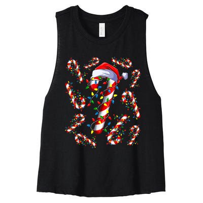 Red And White Candy Cane Santa Christmas Funny Xmas Lights Women's Racerback Cropped Tank