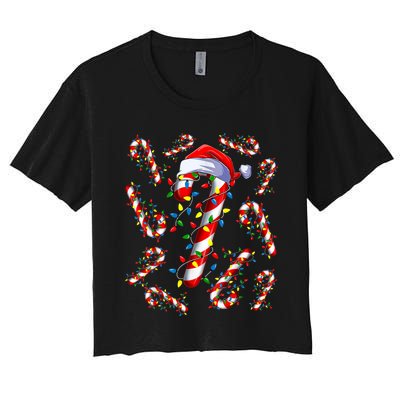 Red And White Candy Cane Santa Christmas Funny Xmas Lights Women's Crop Top Tee