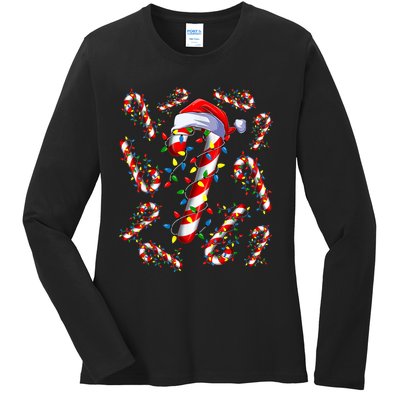 Red And White Candy Cane Santa Christmas Funny Xmas Lights Ladies Long Sleeve Shirt