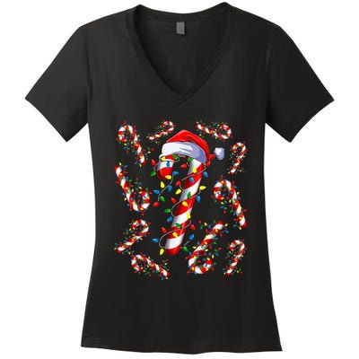 Red And White Candy Cane Santa Christmas Funny Xmas Lights Women's V-Neck T-Shirt