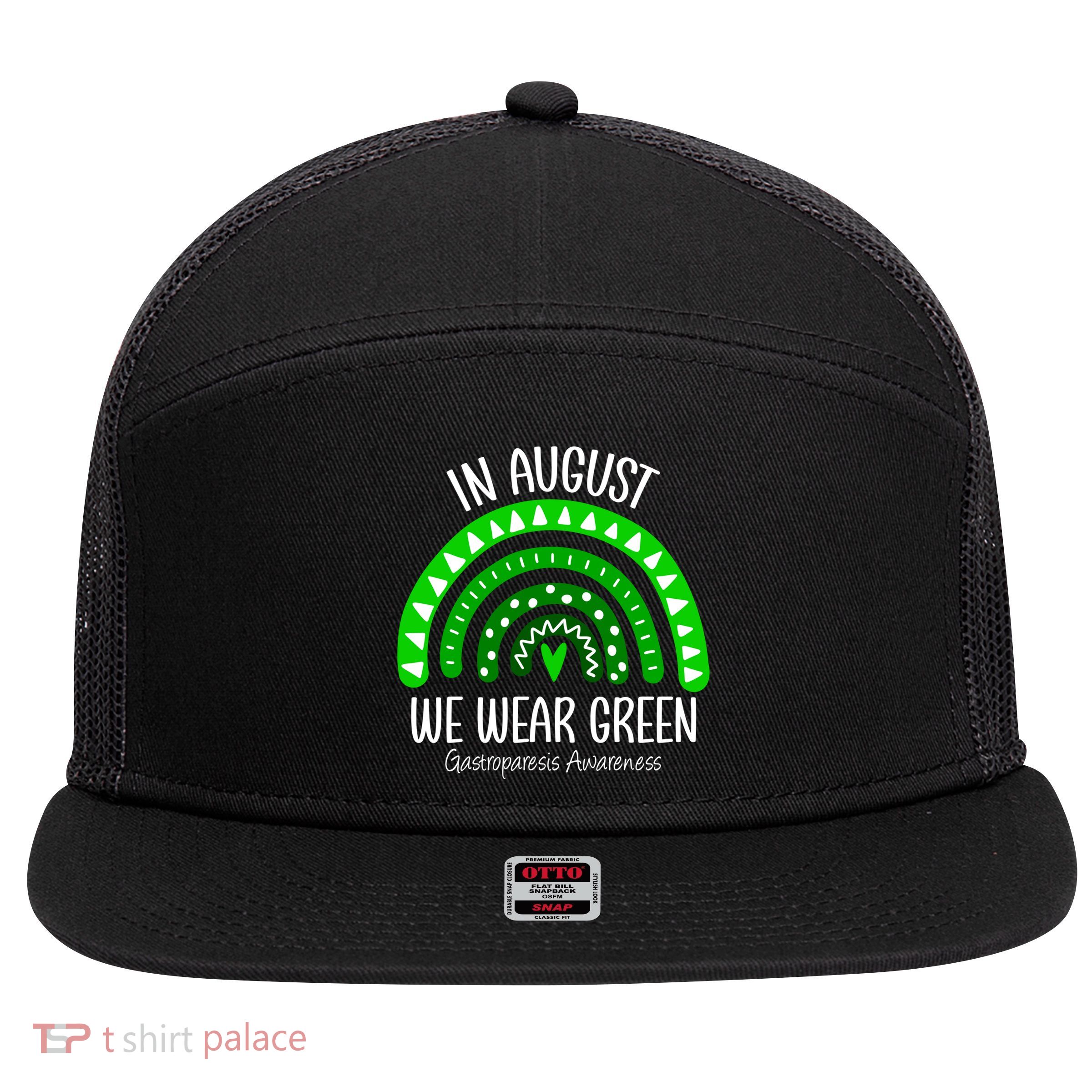 Rainbow August We Wear Green Gastroparesis Awareness Ribbon Gift 7 Panel Mesh Trucker Snapback Hat