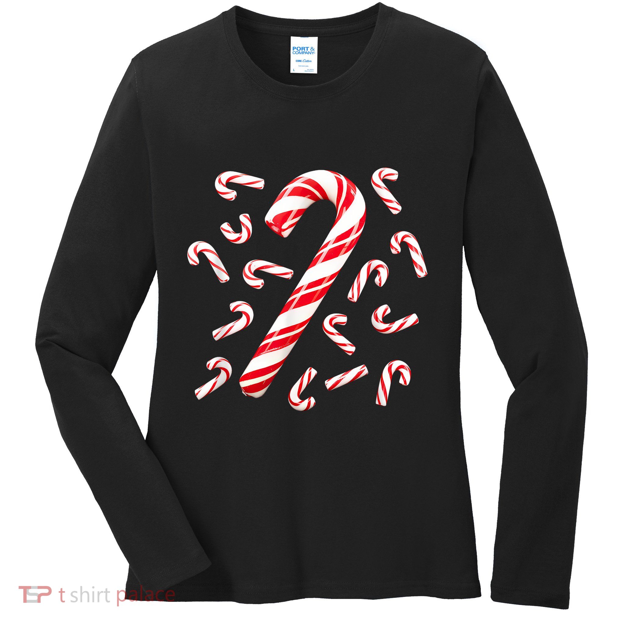 Red And White Candy Cane Santa Christmas Ladies Long Sleeve Shirt