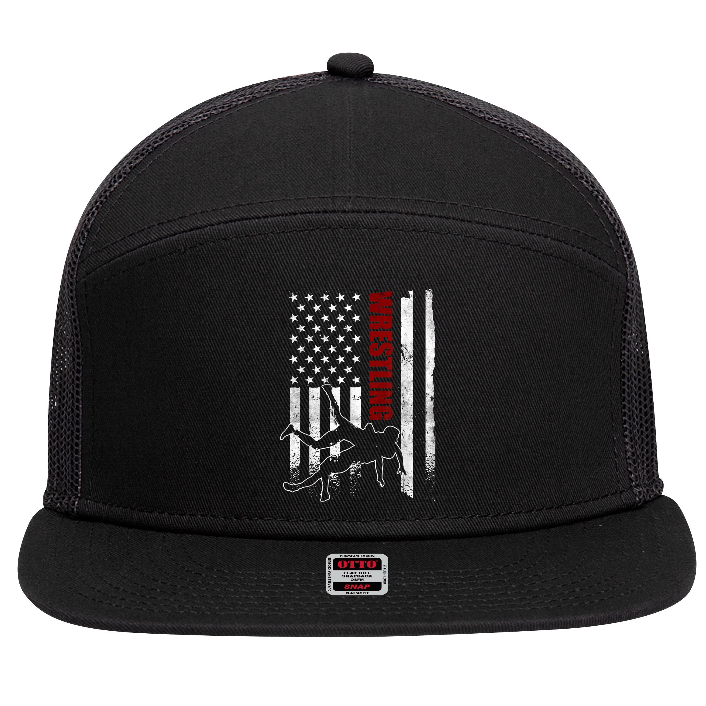 Retro American Wrestling Apparel US Flag Wrestling 7 Panel Mesh Trucker Snapback Hat