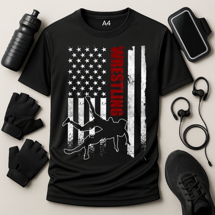 Retro American Wrestling Apparel US Flag Wrestling Cooling Performance Crew T-Shirt